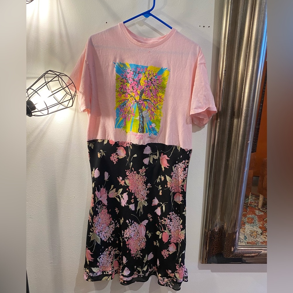 OOAK Upcycled Cherry Blossom Pink Graphic & Floral Mixed-Media Dress